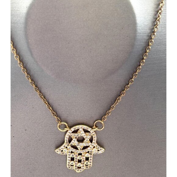 Gold Plated Star Of David Hamsa Necklace With Rhinestone Detailing Chain Length - Picture 1 of 4